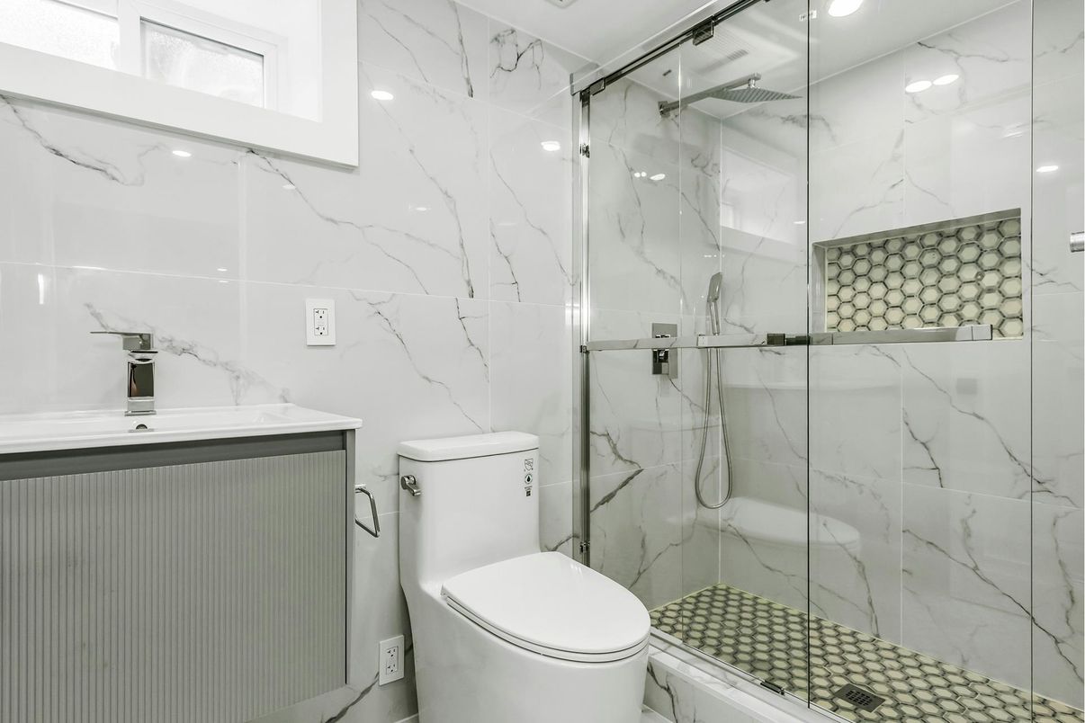 Bathroom, Glass Shower, Interior, Marble Walls, Recessed Lighting