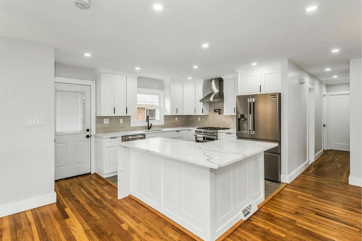 Interior, Kitchen, Recessed Lighting, Stainless Steel Appliances, Wood Texture Flooring