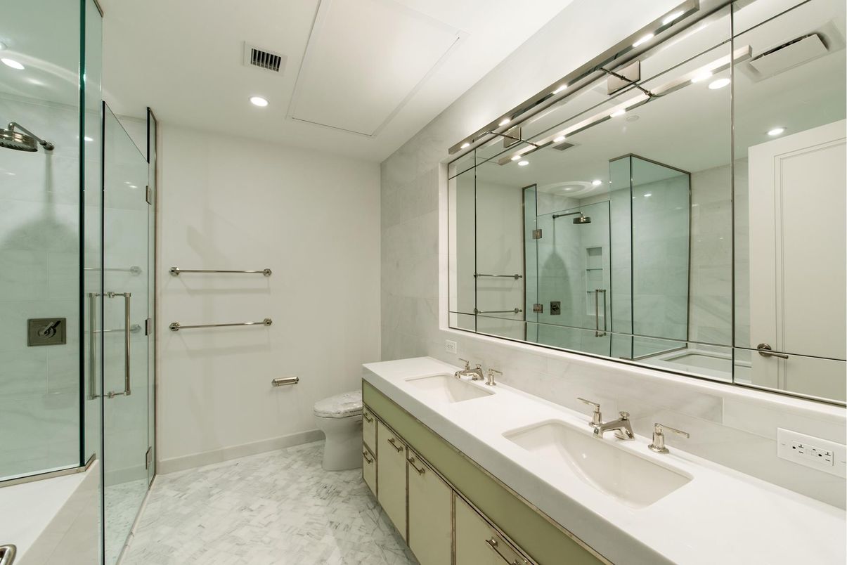 Bathroom, Dual Sink Vanities, Glass Shower, Interior, Marble, Recessed Lighting