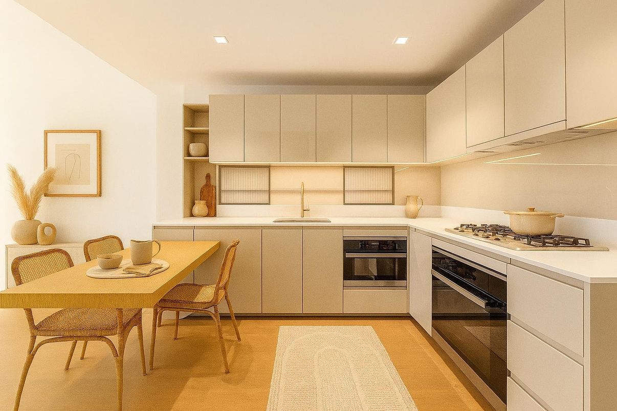 Dining room, Interior, Kitchen, Recessed Lighting, Stainless Steel Appliances, Wood Texture Flooring