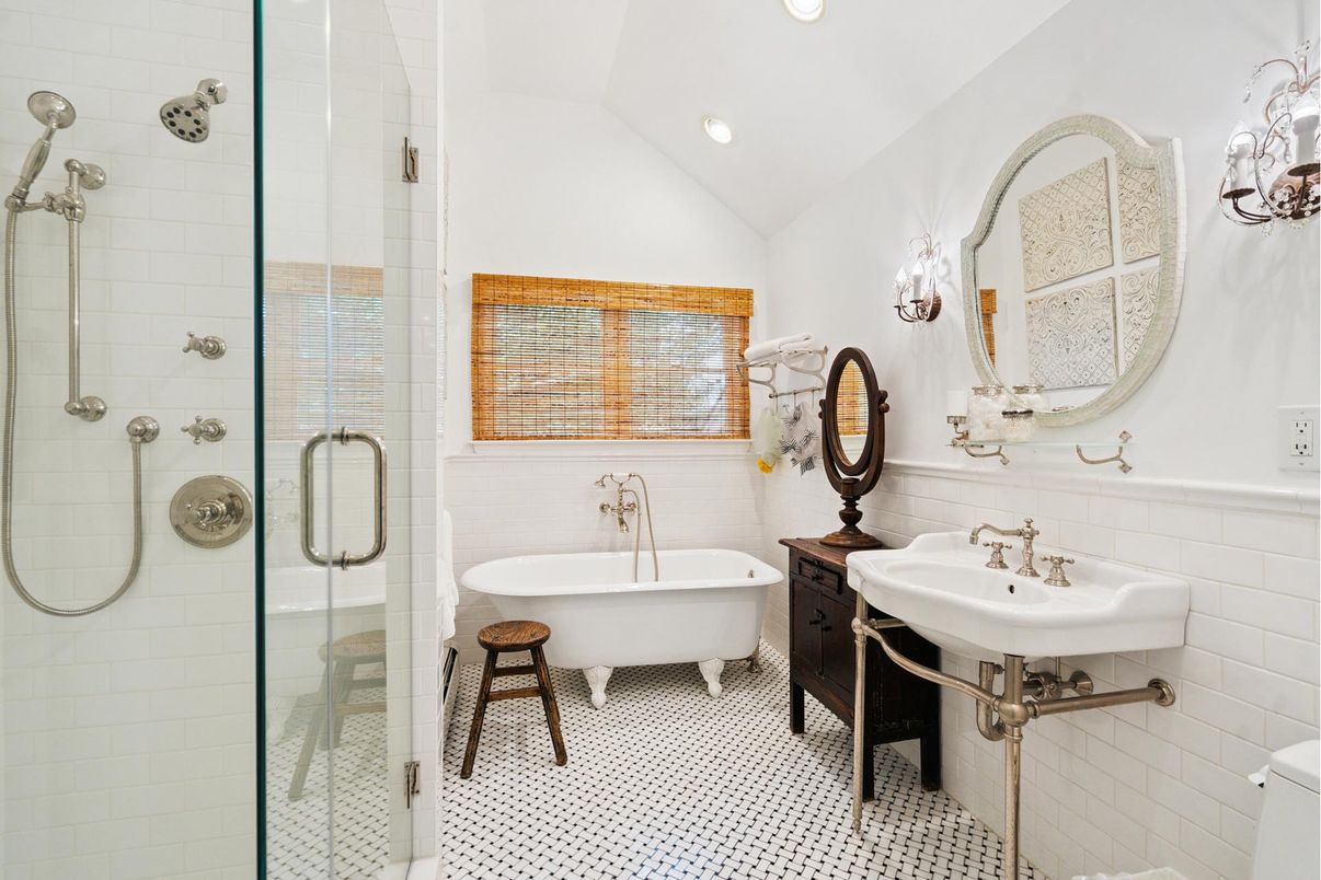 Bathroom, Free Standing Baths, Glass Shower, Interior, Recessed Lighting