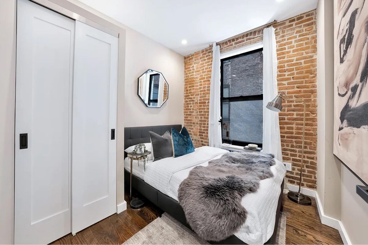 Bedroom, Interior, Recessed Lighting, Stone Walls, Wood Texture Flooring