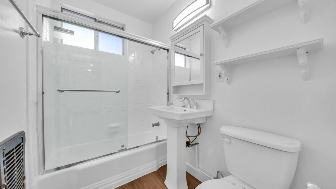 Bathroom, Glass Shower, Interior, Wood Texture Flooring