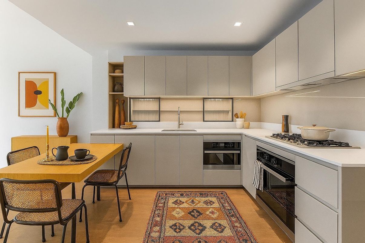 Dining room, Interior, Kitchen, Recessed Lighting, Stainless Steel Appliances, Wood Texture Flooring