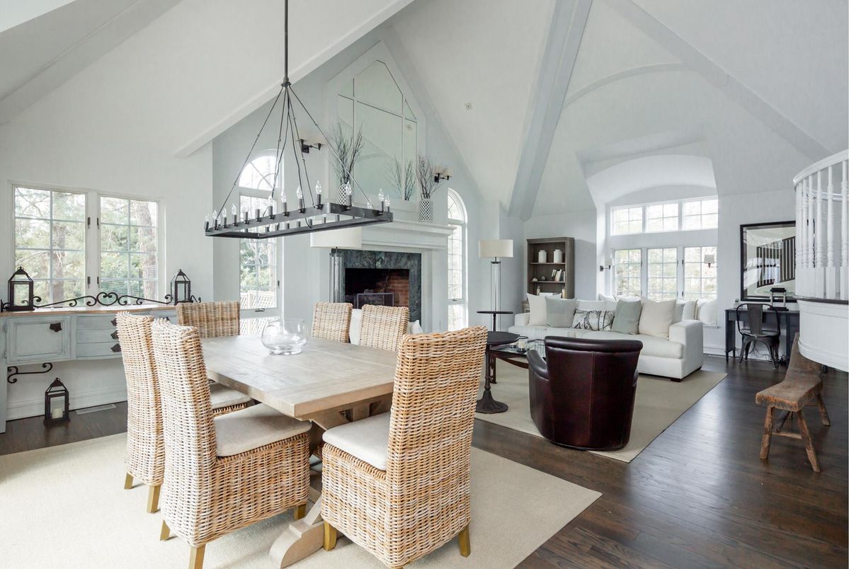 Dining room, Fireplace, Interior, Living room, Pendant Lights, Wood Texture Flooring