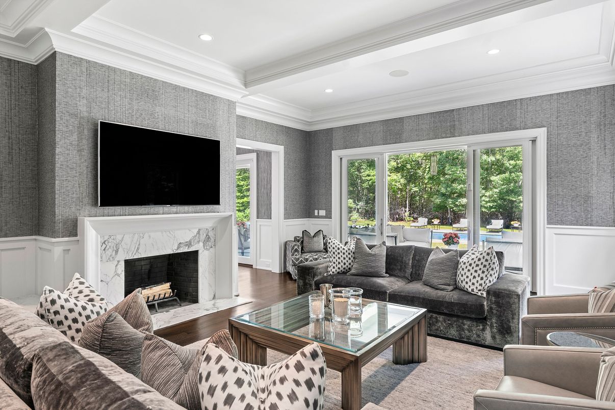 Fireplace, Interior, Living room, Recessed Lighting, Wood Texture Flooring
