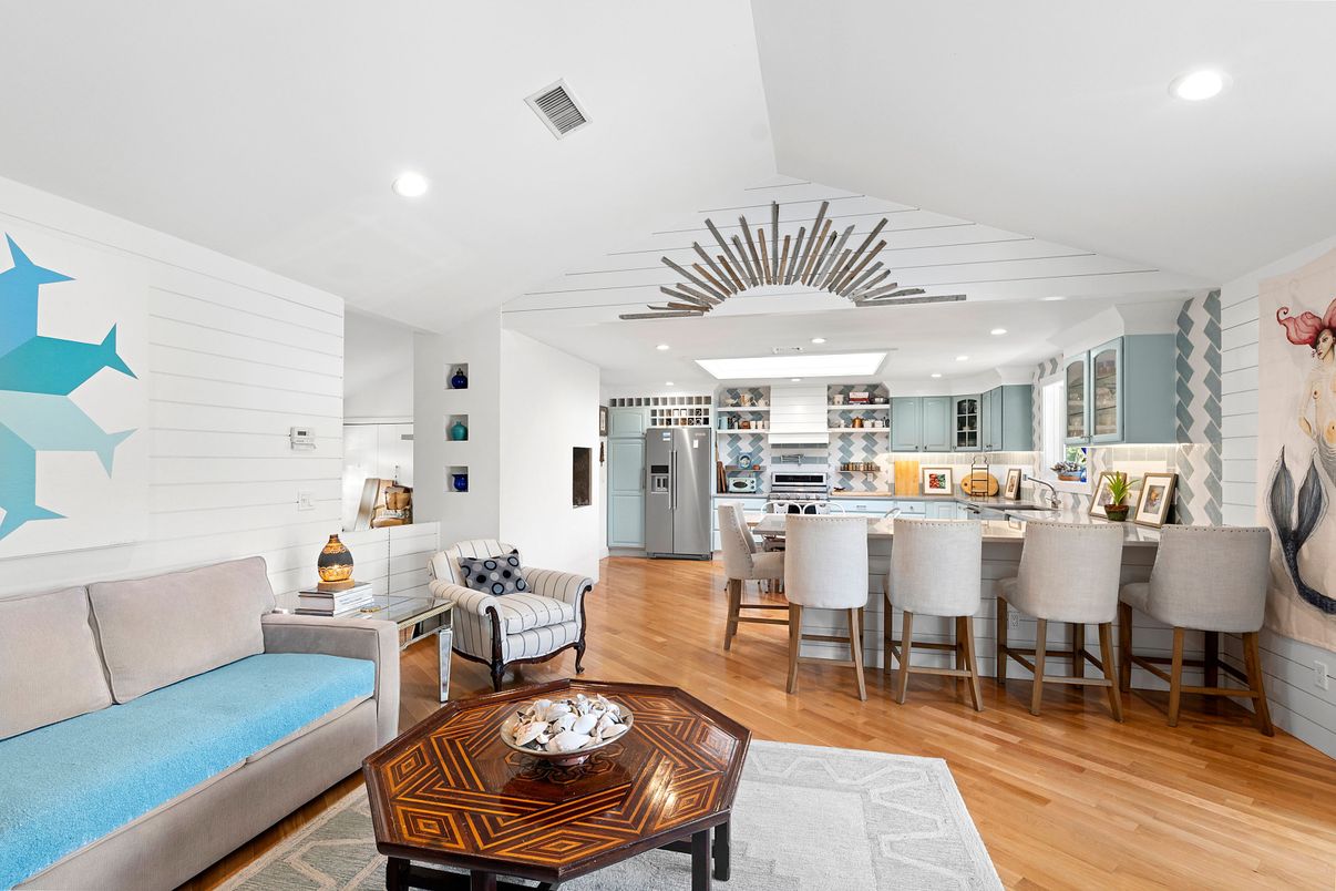 Dining room, Interior, Kitchen, Living room, Recessed Lighting, Wood Texture Flooring