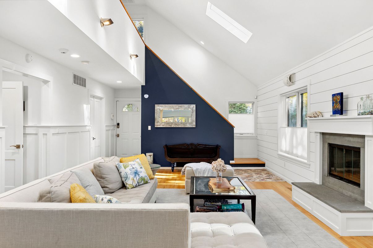 Fireplace, Interior, Living room, Recessed Lighting, Wood Texture Flooring