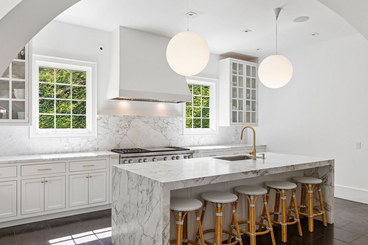 Interior, Kitchen, Marble Walls, Pendant Lights, Recessed Lighting, Stainless Steel Appliances