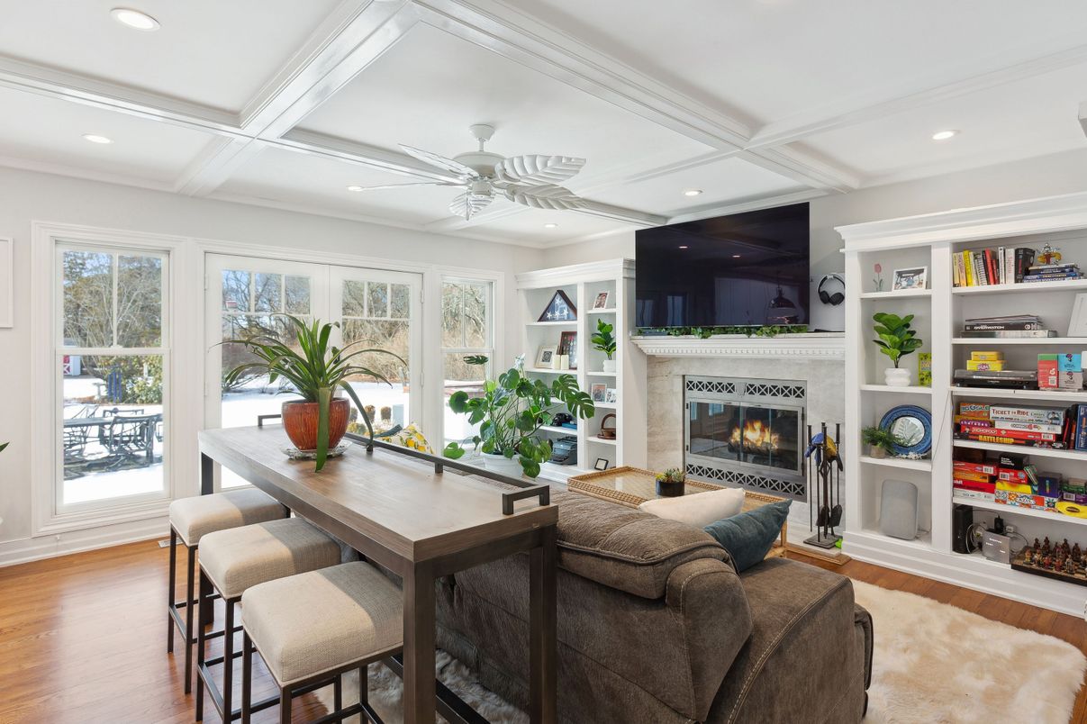 Fireplace, Interior, Living room, Recessed Lighting, Wood Texture Flooring