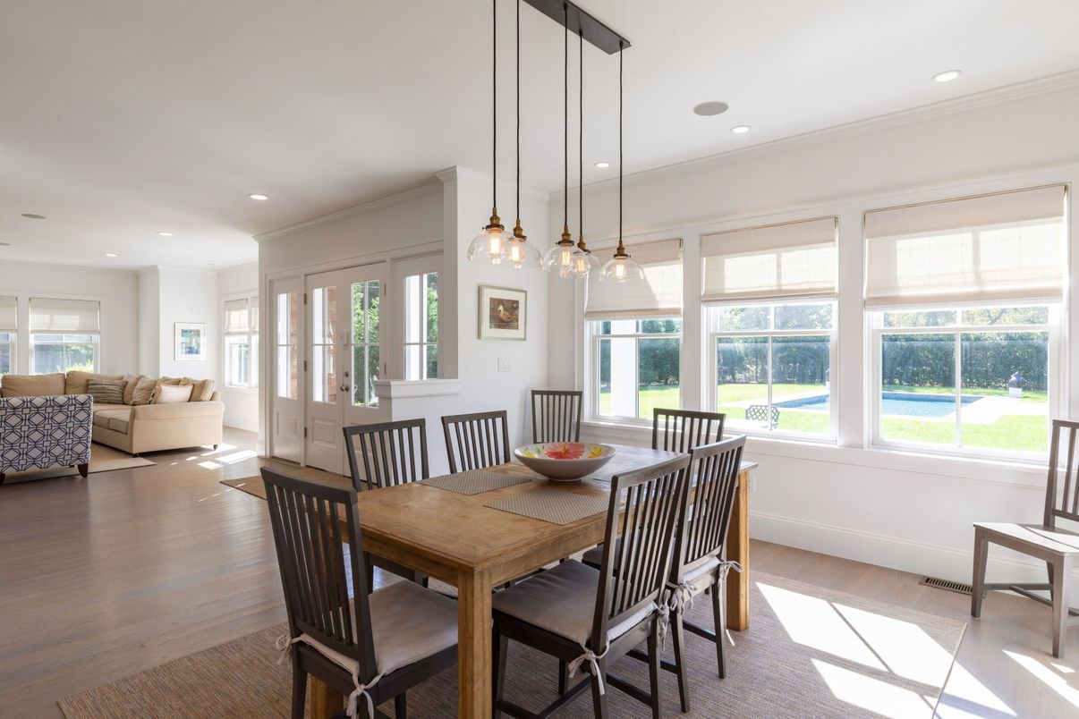 Dining room, Interior, Living room, Pendant Lights, Recessed Lighting, Wood Texture Flooring