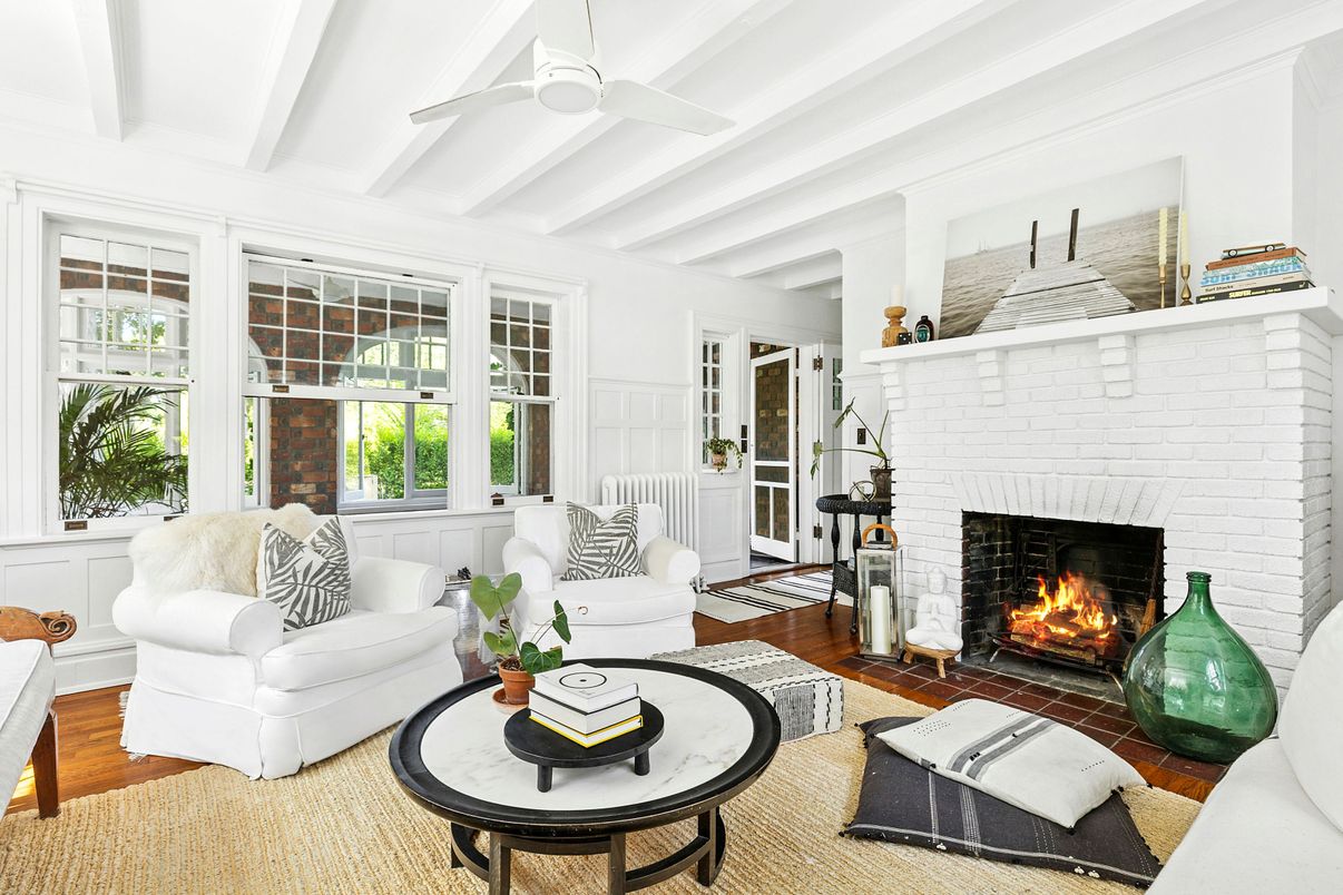 Fireplace, Interior, Living room, Stone Walls, Wood Texture Flooring