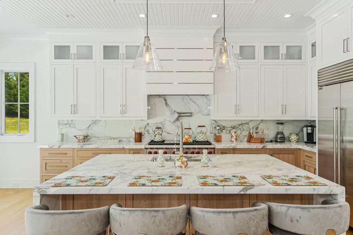 Interior, Kitchen, Marble Walls, Pendant Lights, Recessed Lighting, Stainless Steel Appliances, Wood Texture Flooring