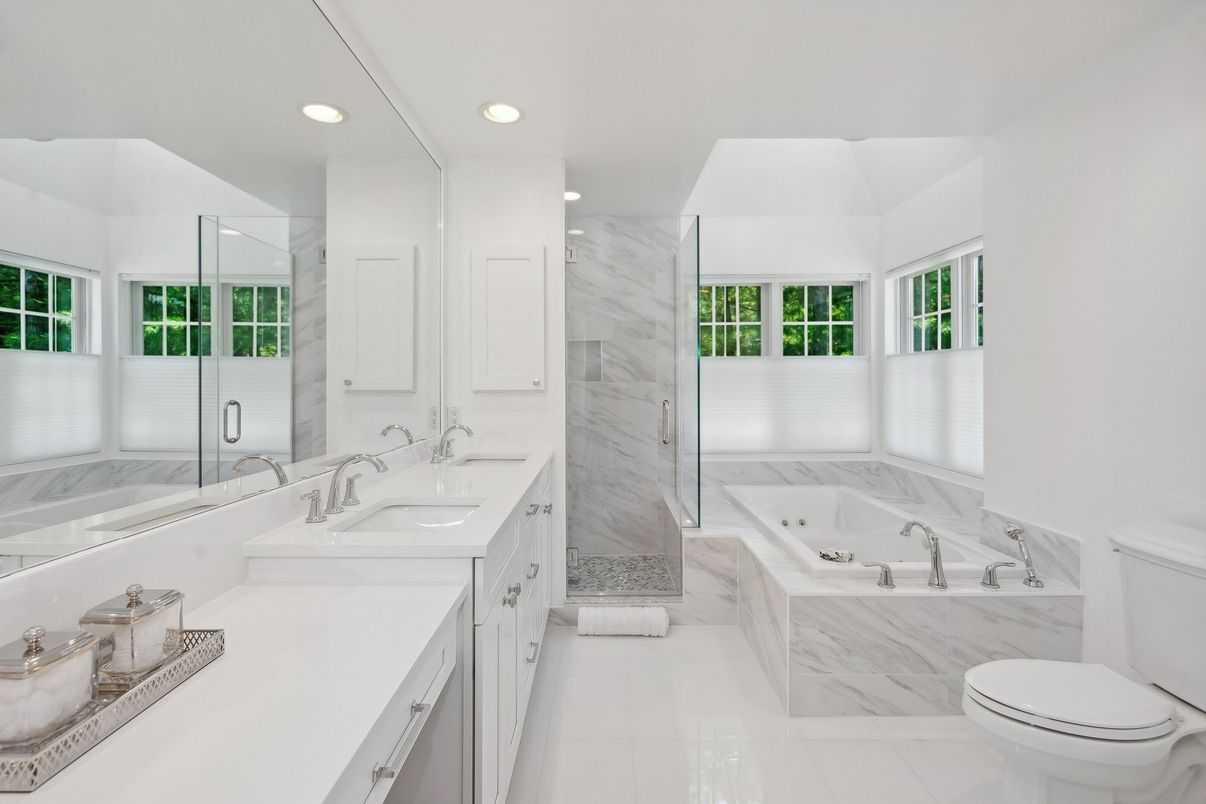 Bathroom, Dual Sink Vanities, Glass Shower, Interior, Marble, Marble Walls, Recessed Lighting