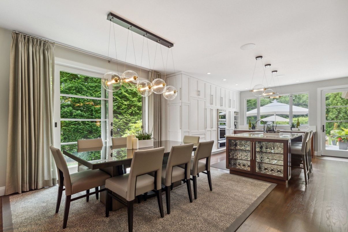 Dining room, Interior, Pendant Lights, Recessed Lighting, Wood Texture Flooring