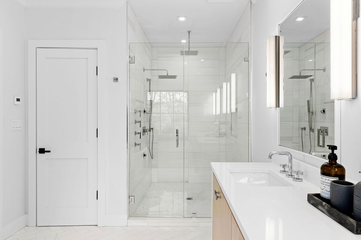 Bathroom, Glass Shower, Interior, Marble, Marble Walls, Recessed Lighting