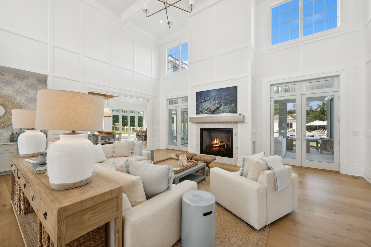 Fireplace, Interior, Living room, Pendant Lights, Wood Texture Flooring