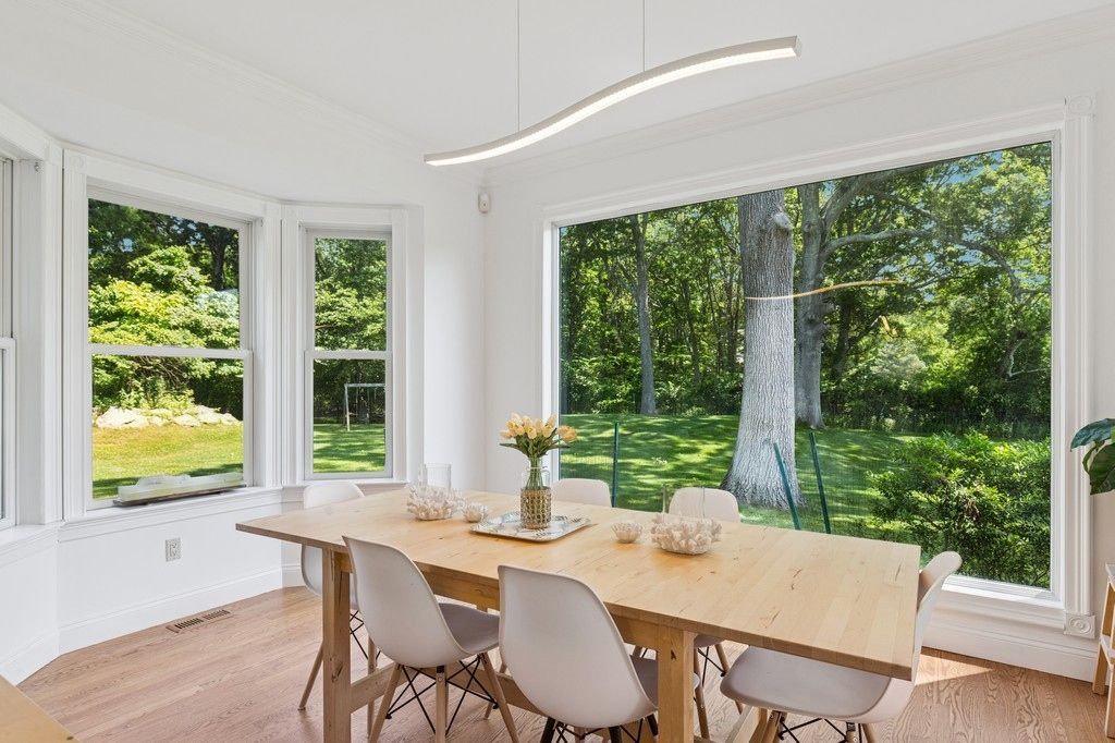 Dining room, Interior, Pendant Lights, Wood Texture Flooring