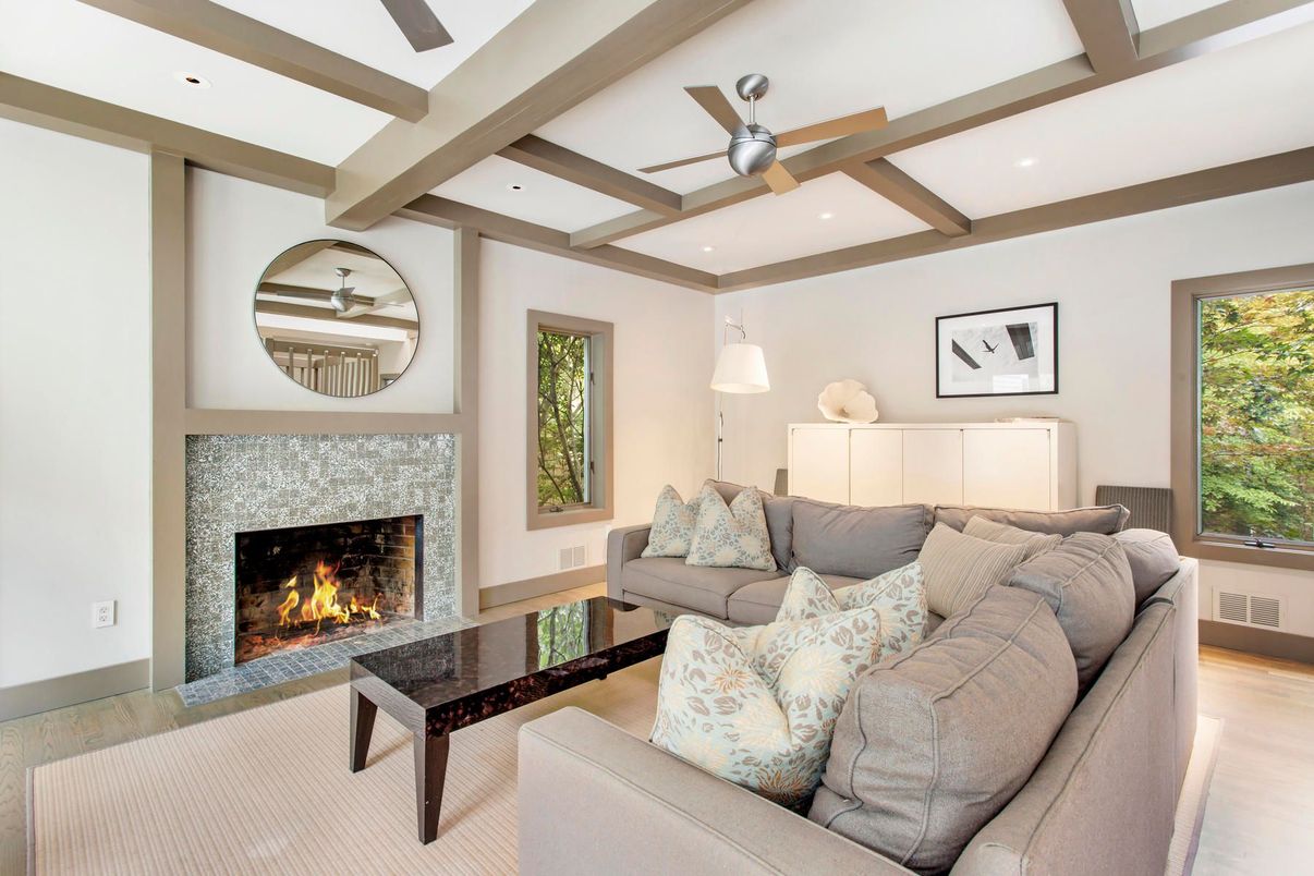 Fireplace, Interior, Living room, Recessed Lighting, Wooden Beams, Wood Texture Flooring