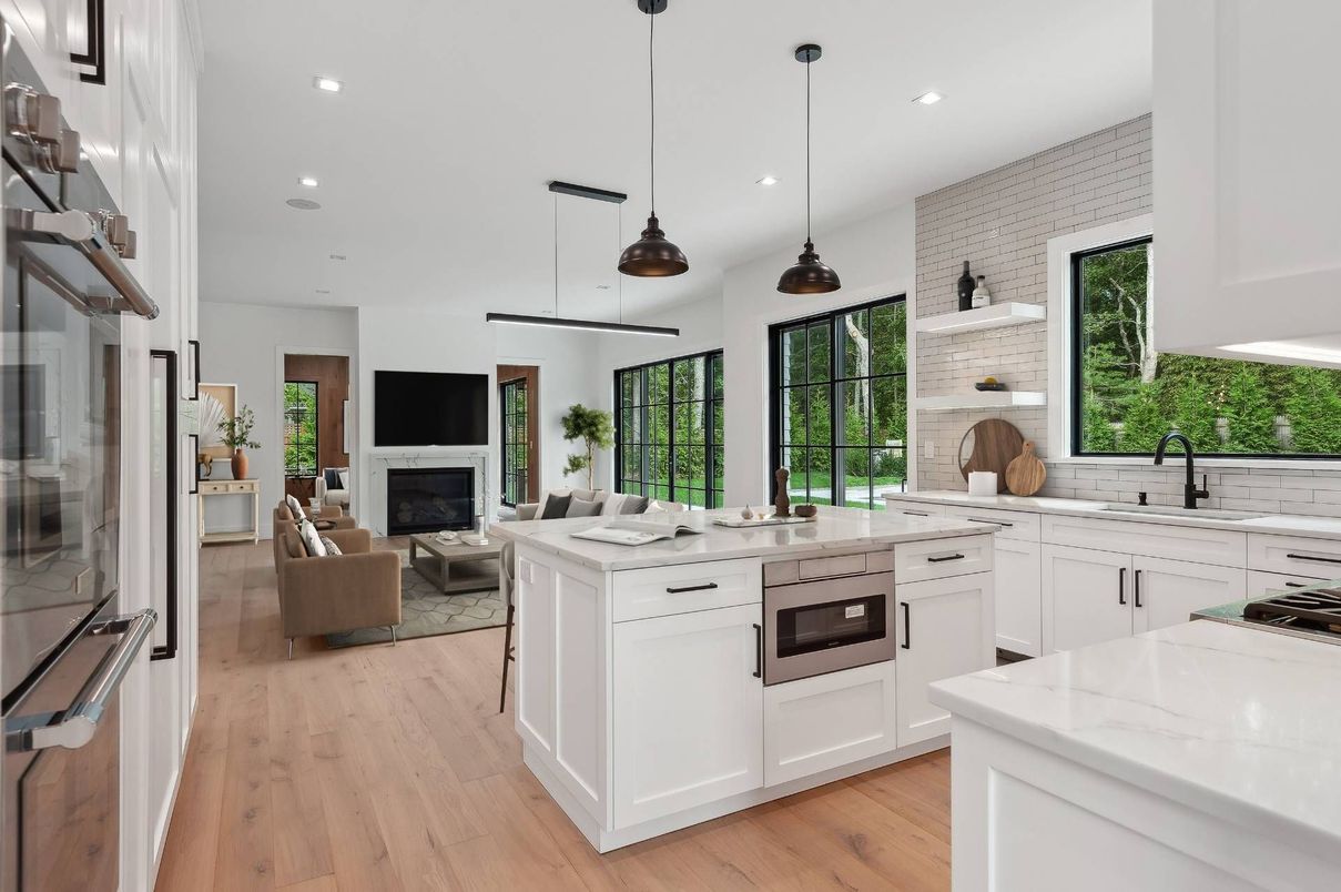 Fireplace, Interior, Kitchen, Living room, Pendant Lights, Recessed Lighting, Wood Texture Flooring
