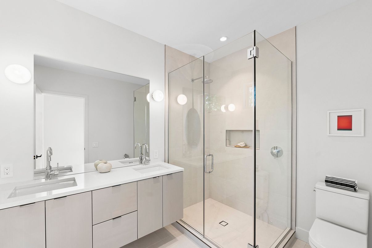 Bathroom, Dual Sink Vanities, Glass Shower, Interior, Recessed Lighting