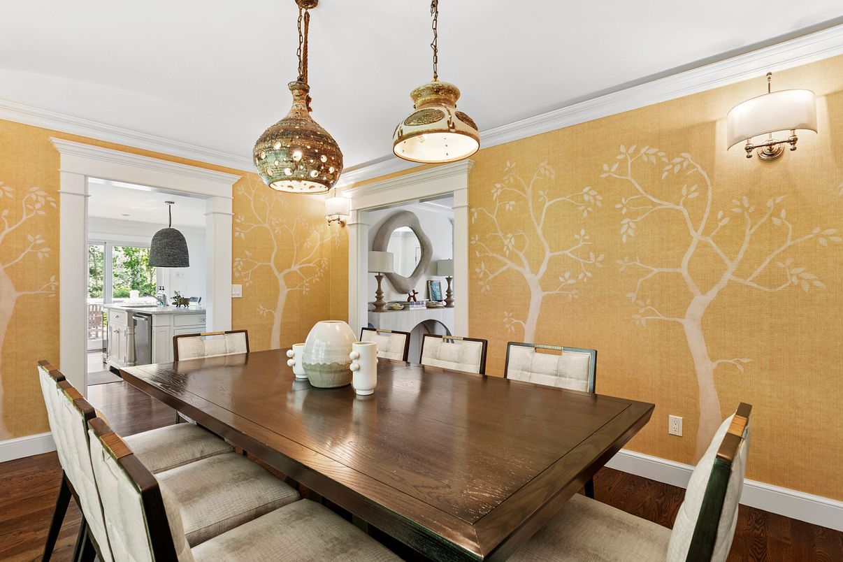 Dining room, Interior, Pendant Lights, Wood Texture Flooring