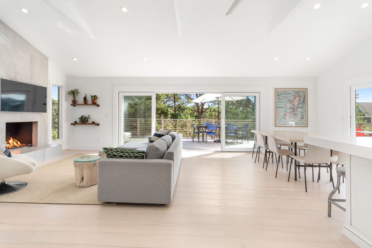 Dining room, Fireplace, Interior, Living room, Recessed Lighting, Wood Texture Flooring