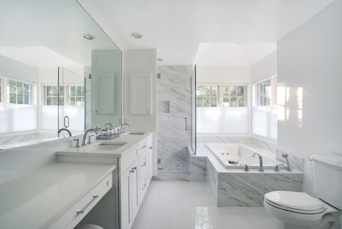 Bathroom, Dual Sink Vanities, Interior, Marble, Marble Walls, Recessed Lighting