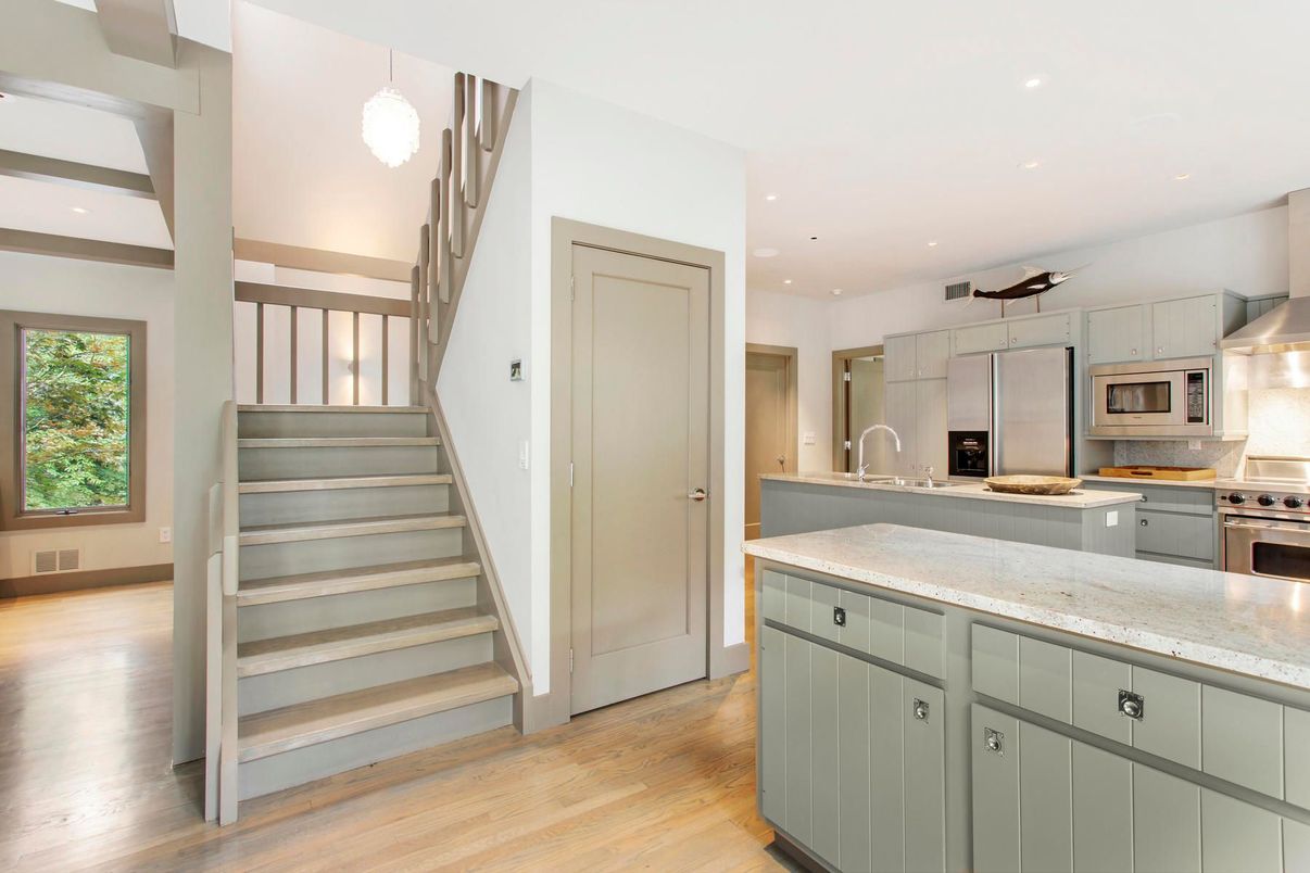 Interior, Kitchen, Pendant Lights, Recessed Lighting, Stainless Steel Appliances, Wood Texture Flooring