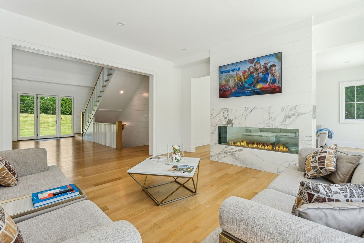 Fireplace, Interior, Living room, Recessed Lighting, Wood Texture Flooring