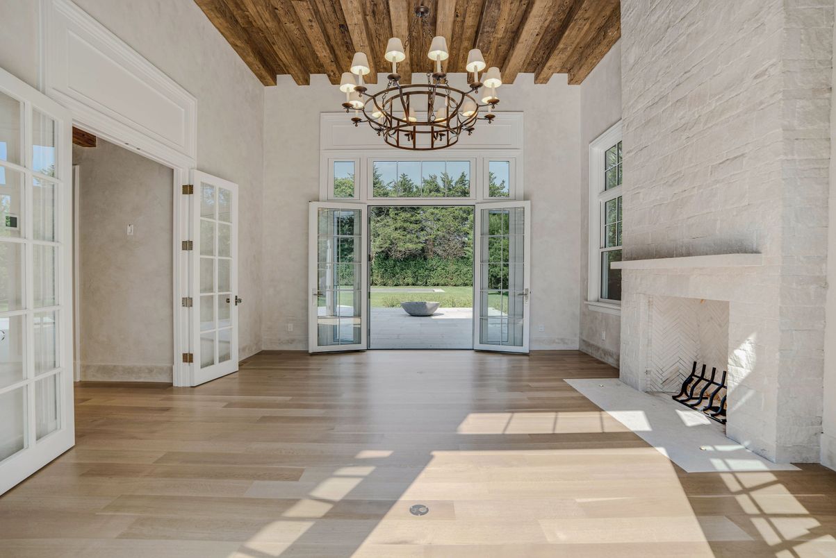 Chandelier, Empty room, Fireplace, Interior, Wooden Ceilings, Wood Texture Flooring