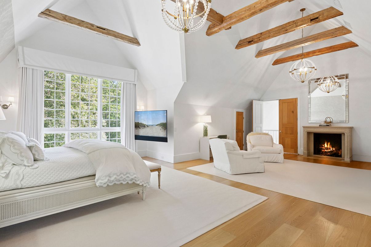 Bedroom, Chandelier, Fireplace, Interior, Pendant Lights, Wooden Beams, Wood Texture Flooring