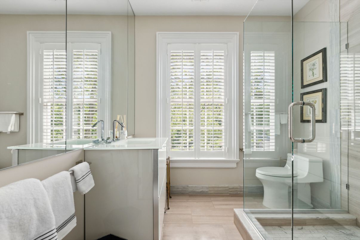 Bathroom, Glass Shower, Interior, Wood Texture Flooring