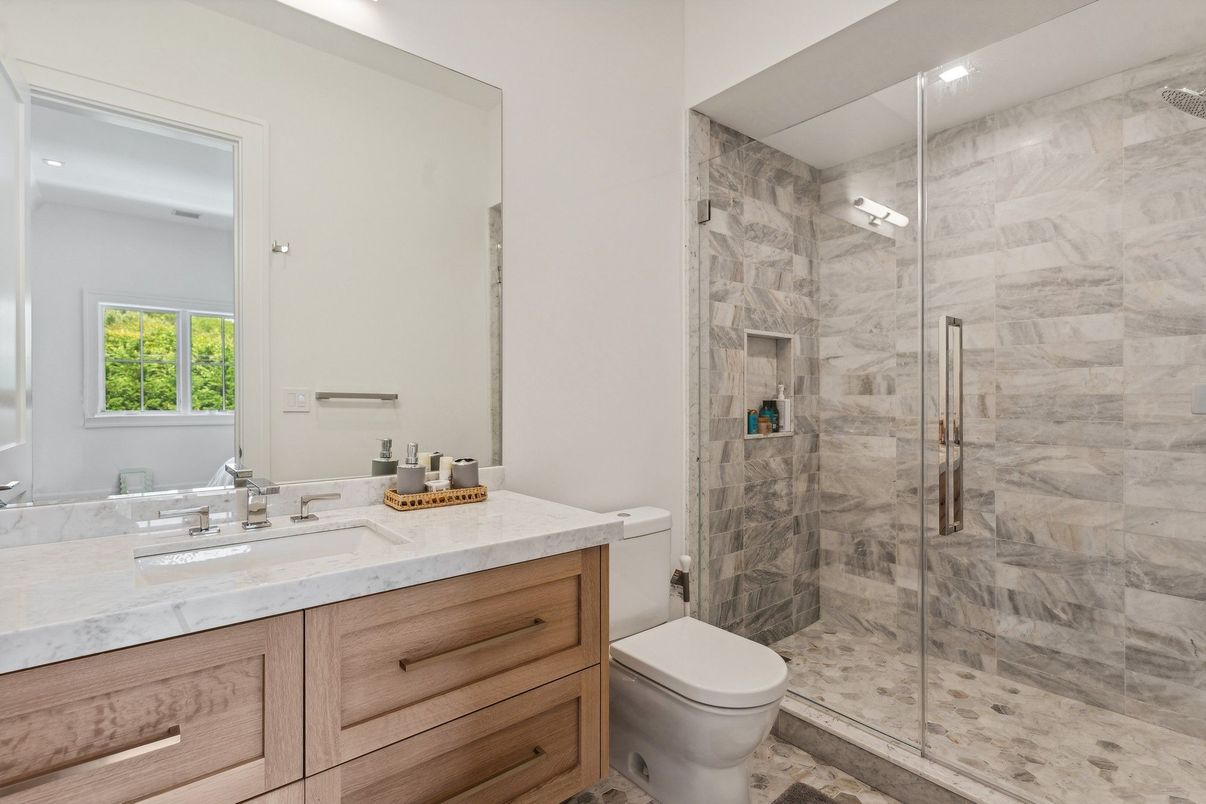 Bathroom, Glass Shower, Interior, Marble Walls, Recessed Lighting
