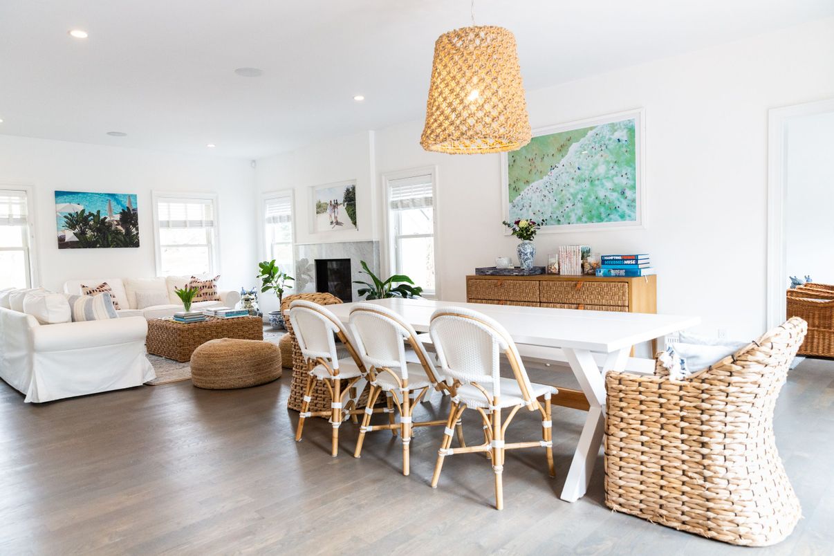 Dining room, Fireplace, Interior, Living room, Pendant Lights, Recessed Lighting, Wood Texture Flooring