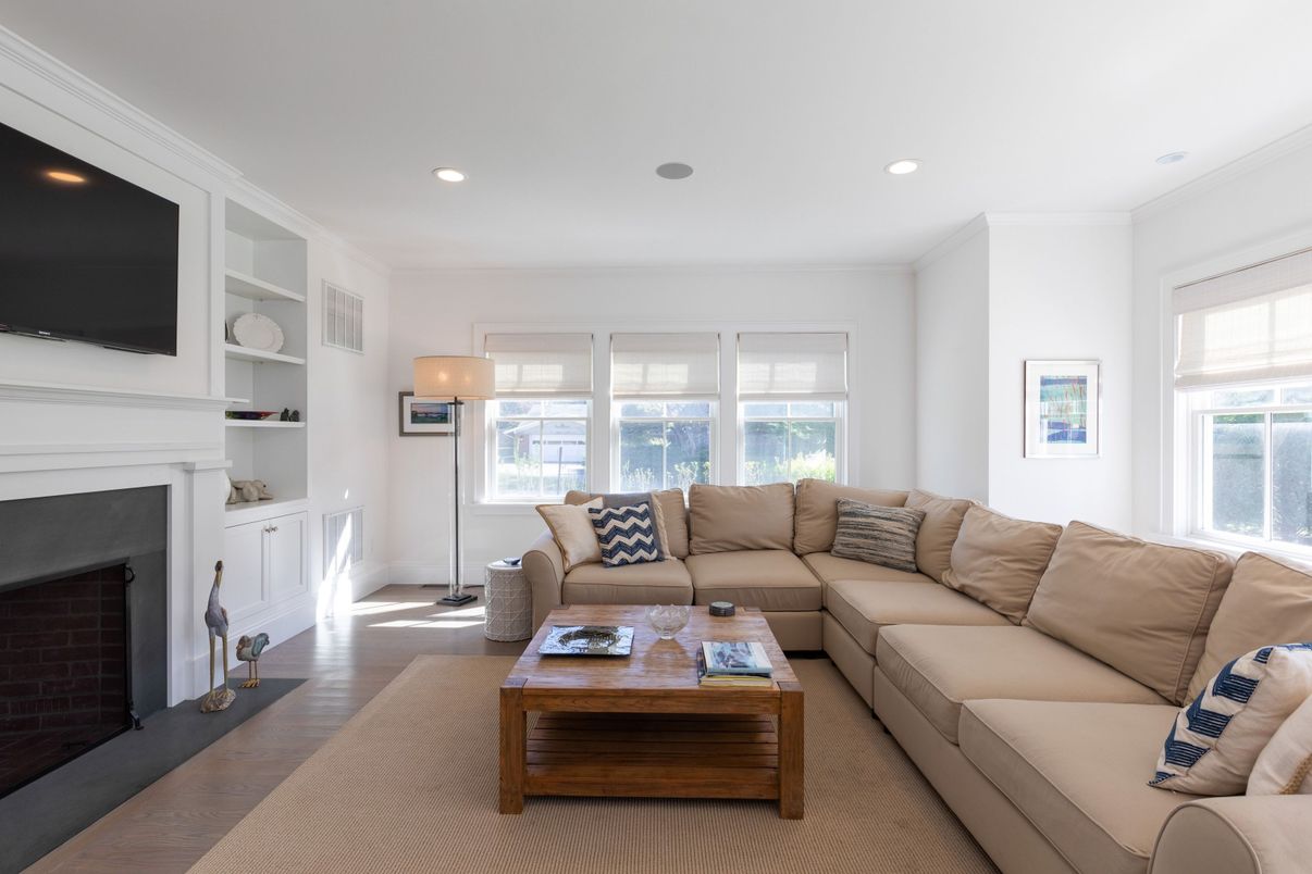 Fireplace, Interior, Living room, Recessed Lighting, Wood Texture Flooring