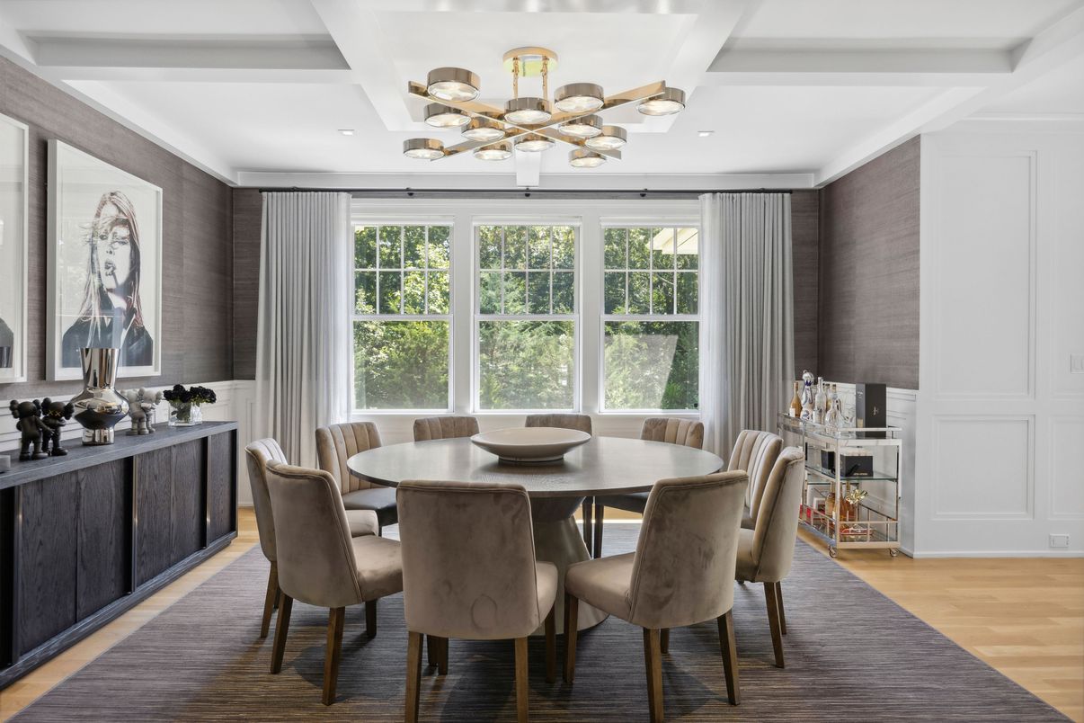 Dining room, Interior, Recessed Lighting, Wood Texture Flooring