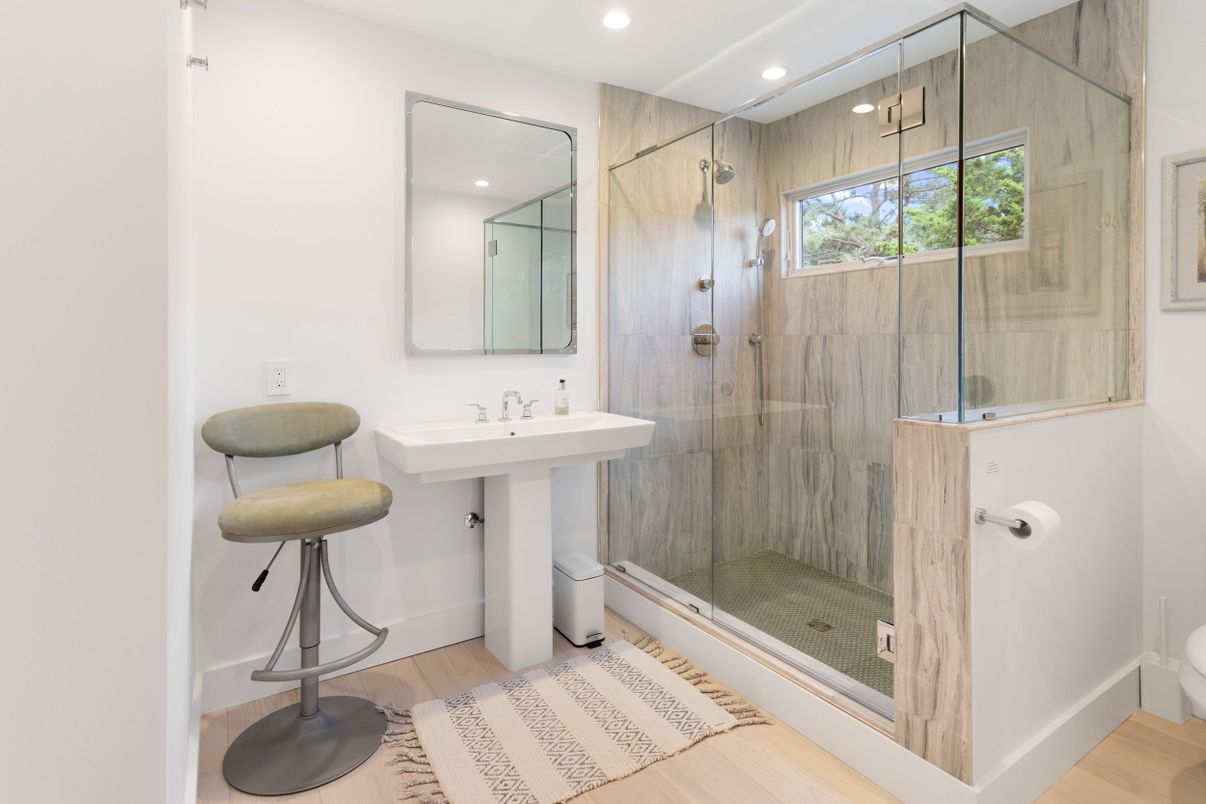 Bathroom, Glass Shower, Interior, Recessed Lighting, Wood Texture Flooring