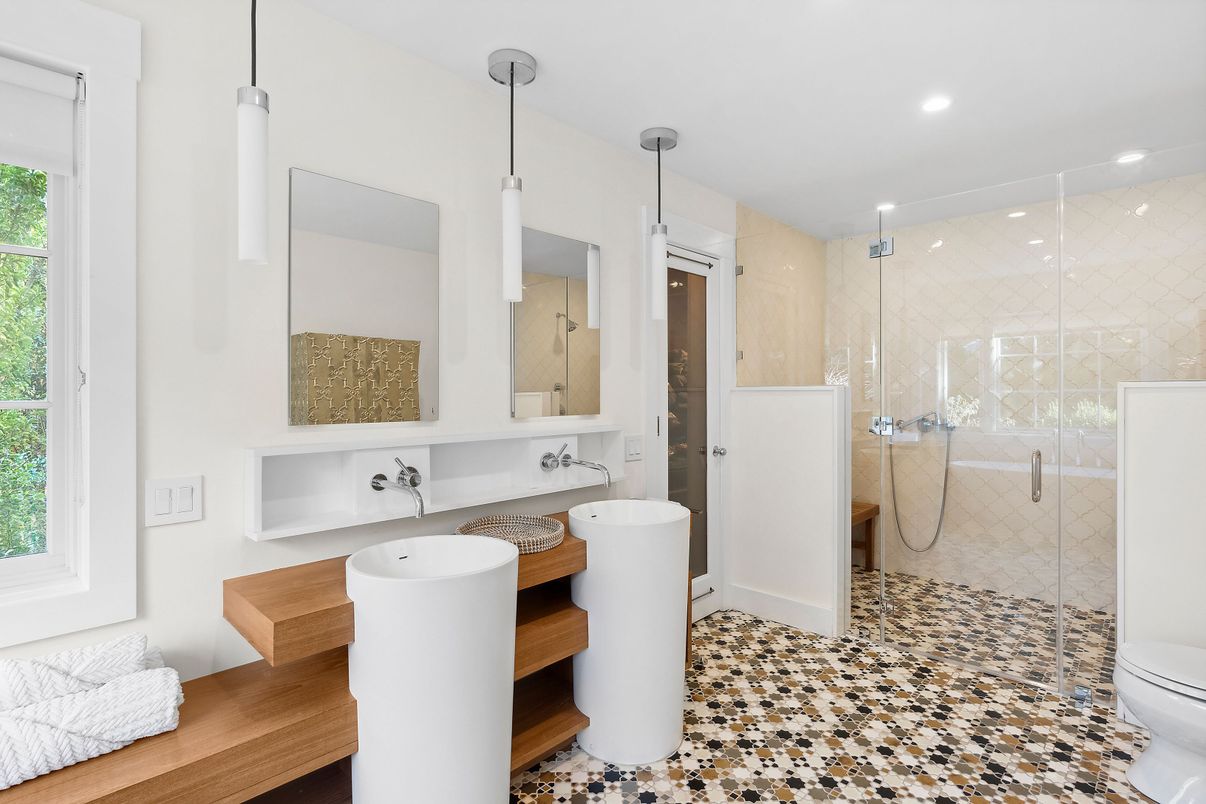 Bathroom, Dual Sink Vanities, Glass Shower, Interior, Pendant Lights, Recessed Lighting