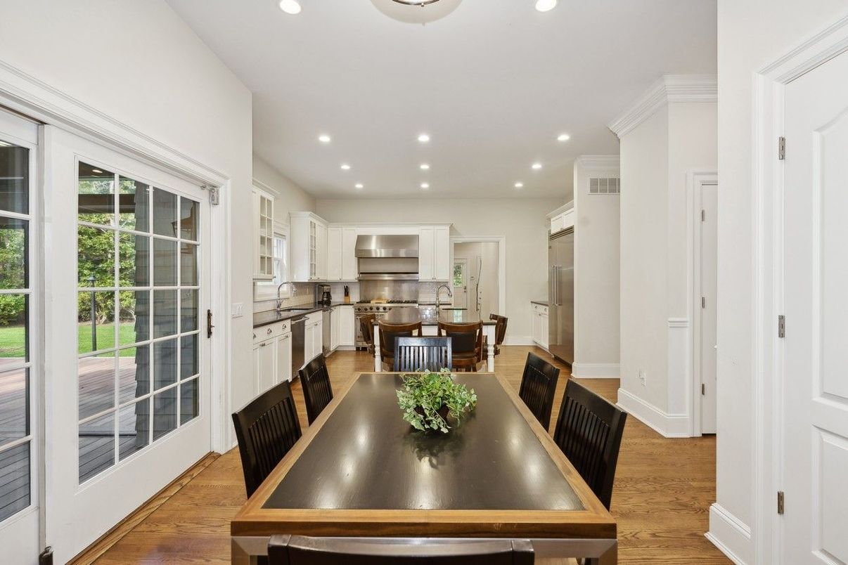 Dining room, Interior, Kitchen, Recessed Lighting, Stainless Steel Appliances, Wood Texture Flooring