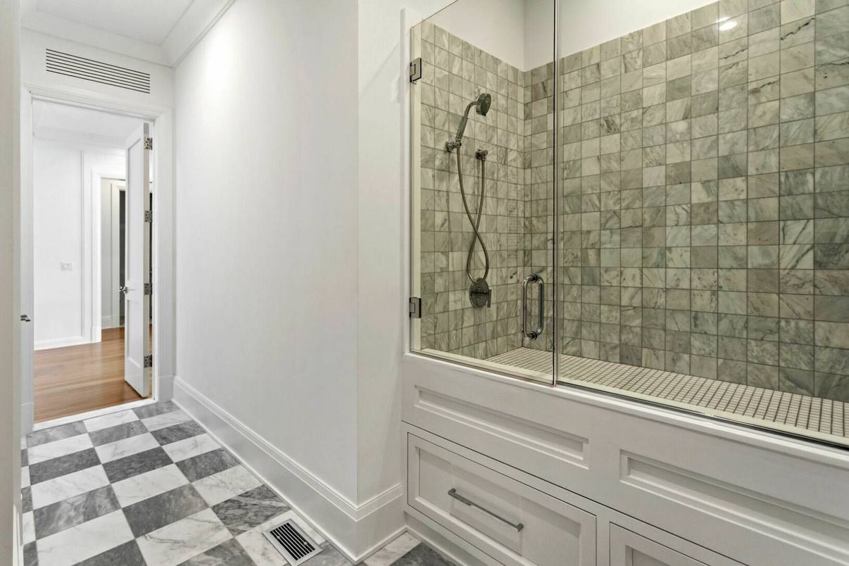 Bathroom, Glass Shower, Interior, Wood Texture Flooring