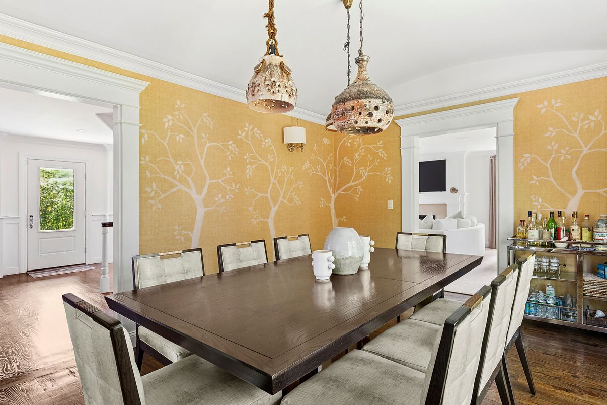 Dining room, Interior, Pendant Lights, Wood Texture Flooring