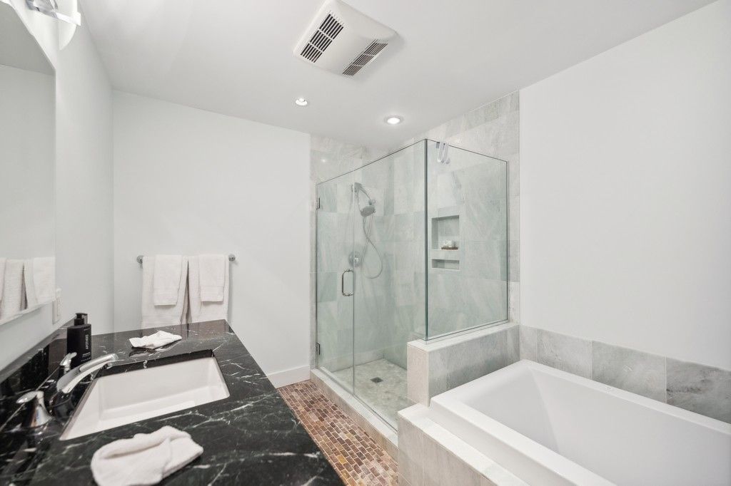 Bathroom, Glass Shower, Interior, Marble, Marble Walls, Recessed Lighting