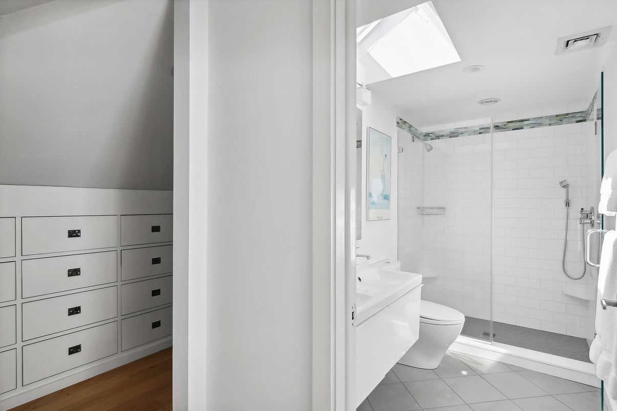 Bathroom, Glass Shower, Interior, Recessed Lighting, Wood Texture Flooring
