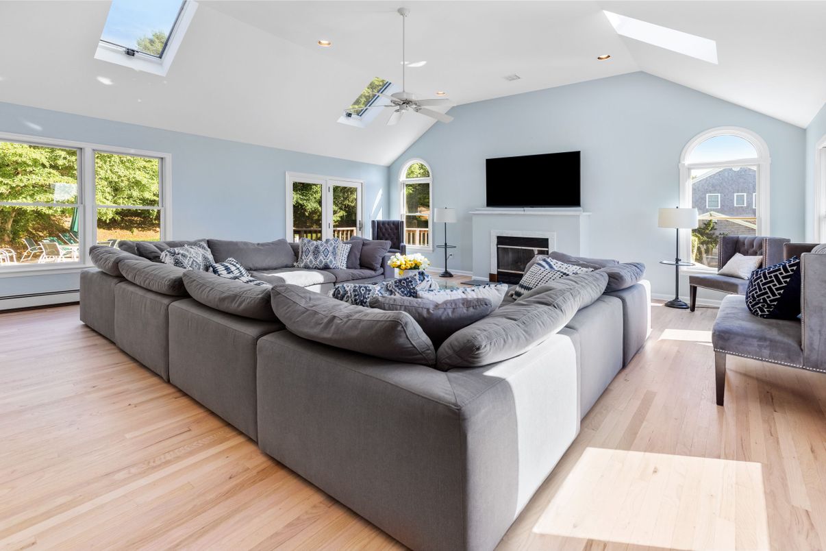 Fireplace, Interior, Living room, Recessed Lighting, Wood Texture Flooring