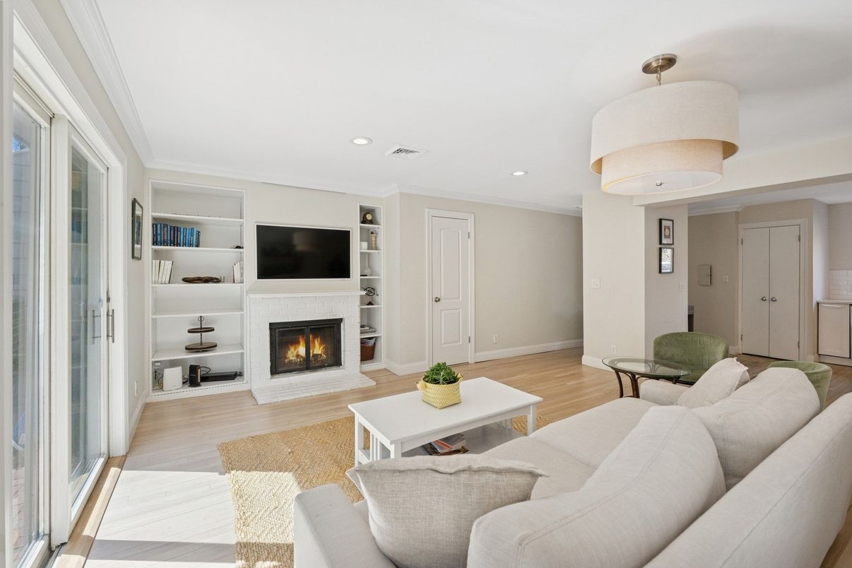 Fireplace, Interior, Living room, Recessed Lighting, Wood Texture Flooring