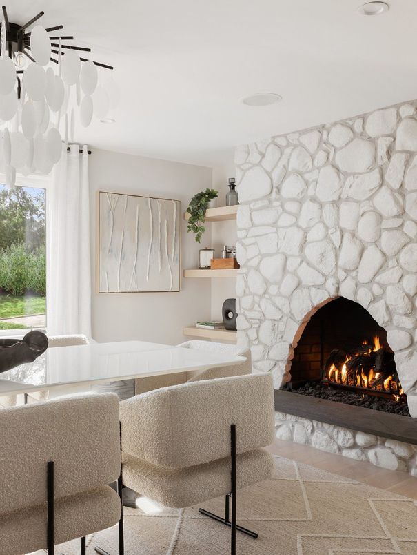 Fireplace, Interior, Recessed Lighting, Stone Walls