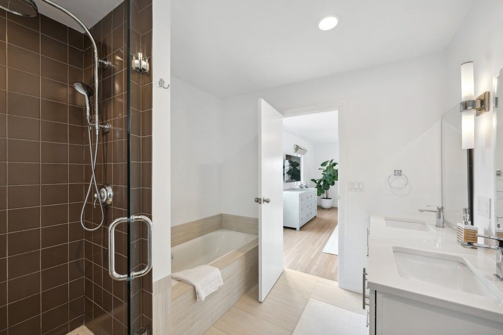 Bathroom, Dual Sink Vanities, Interior, Recessed Lighting, Wood Texture Flooring