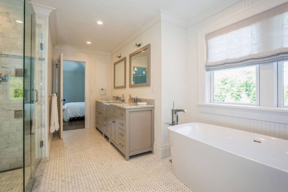 Bathroom, Bedroom, Dual Sink Vanities, Free Standing Baths, Glass Shower, Interior, Marble Walls, Recessed Lighting