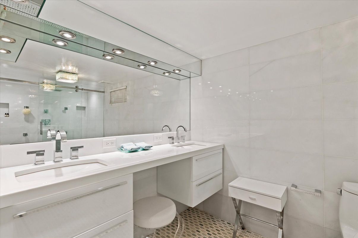Bathroom, Dual Sink Vanities, Glass Shower, Interior, Recessed Lighting